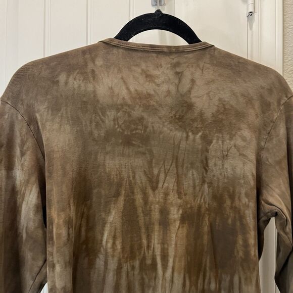 Glima Brown Tie Dye Shirt Womens Size L 3/4 Sleeve Hippie Boho Crochet Neck - Picture 7 of 9